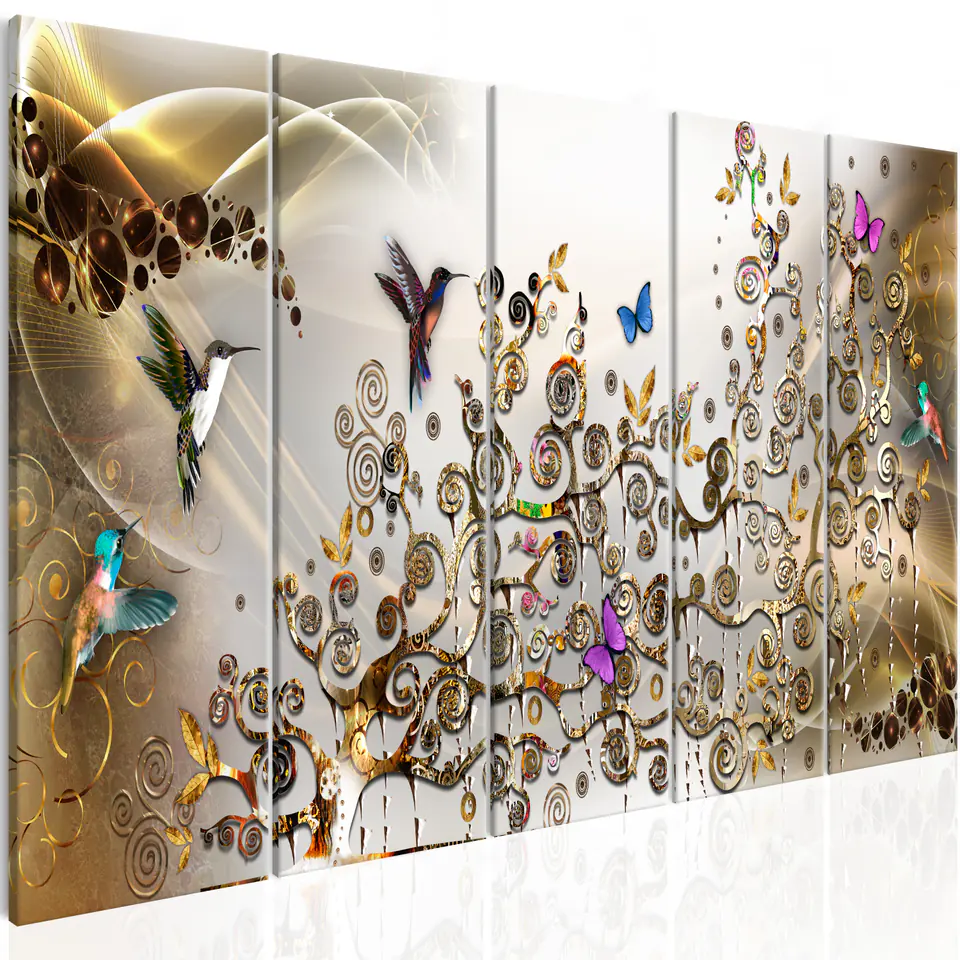 ⁨Painting - Hummingbird Dance (5-piece) golden narrow (size 200x80)⁩ at Wasserman.eu