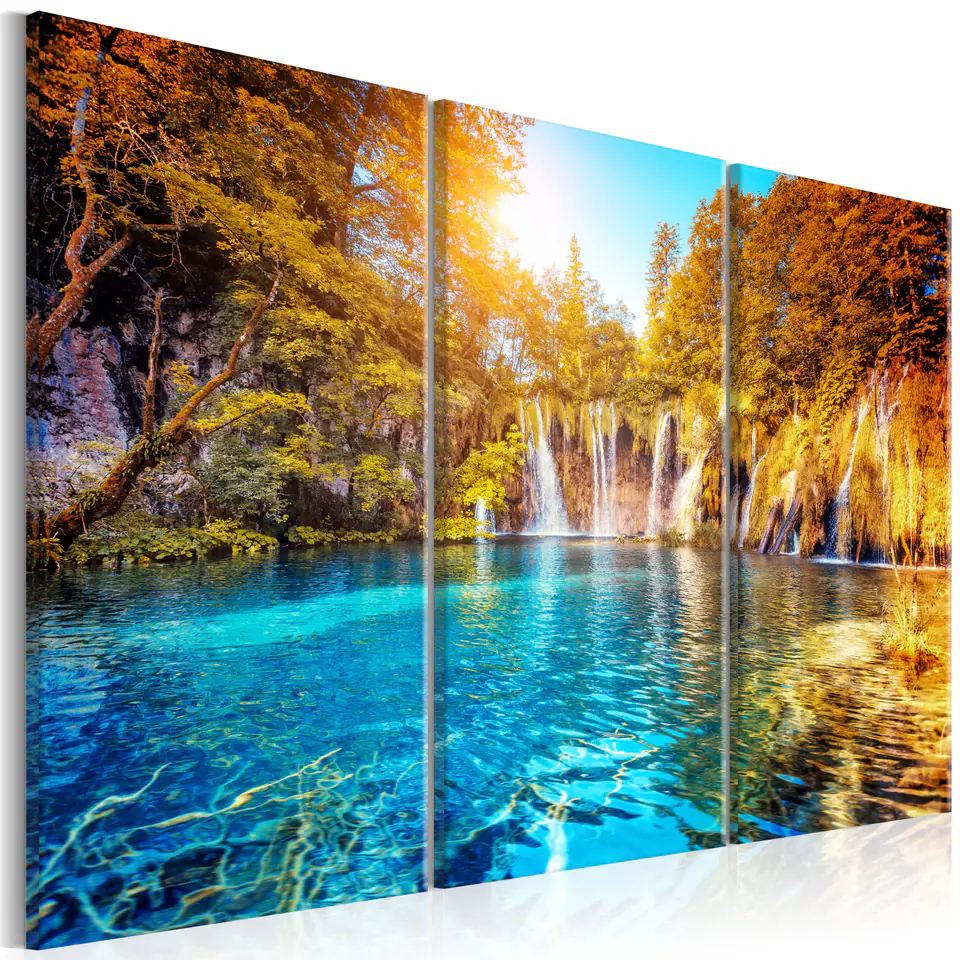 ⁨Obraz - Wodospady słonecznego lasu (rozmiar 90x60, wykończenie Standard)⁩ w sklepie Wasserman.eu