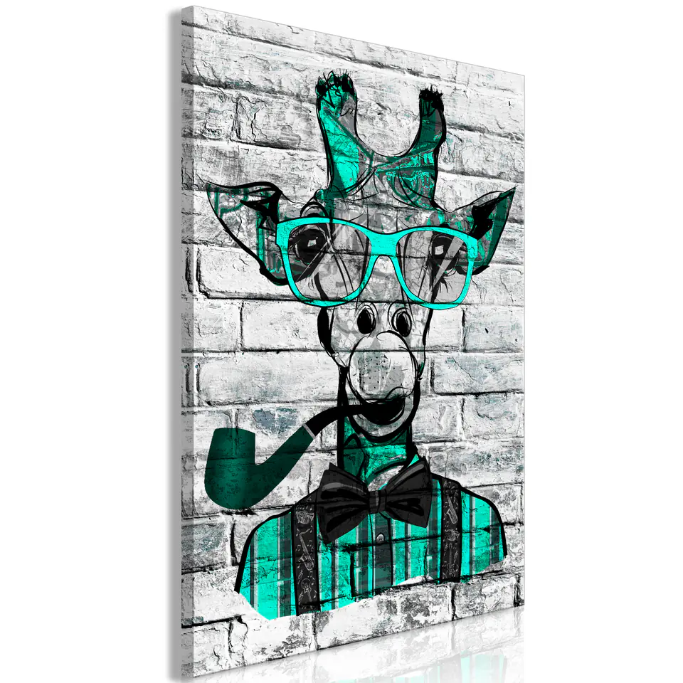 ⁨Obraz - Żyrafa z fajką (1-częściowy) pionowy zielony (rozmiar 60x90, wykończenie Premium Print)⁩ w sklepie Wasserman.eu