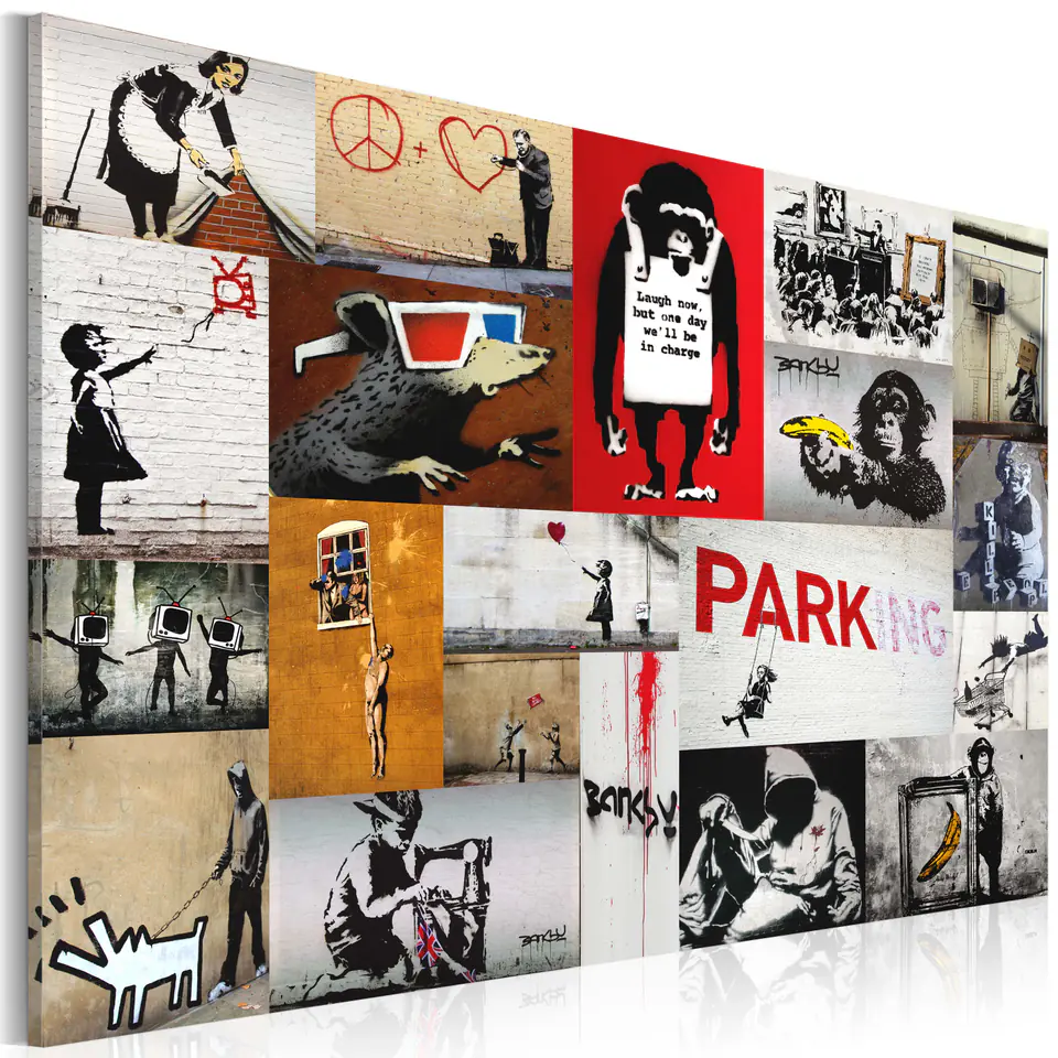 ⁨Obraz - Banksy - kolaż (rozmiar 90x60, wykończenie Standard)⁩ w sklepie Wasserman.eu