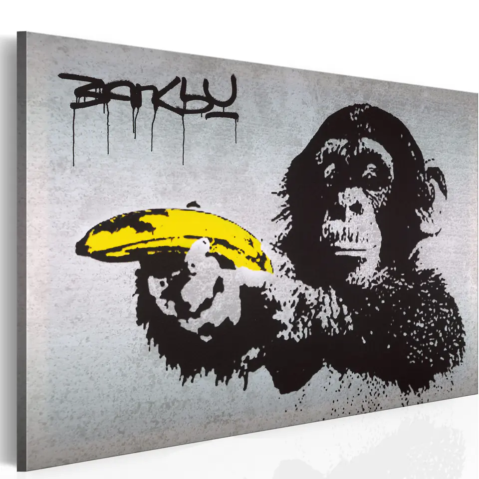 ⁨Obraz - Stój, bo małpa strzela! (Banksy) (rozmiar 30x20, wykończenie Na płótnie włoskim)⁩ w sklepie Wasserman.eu
