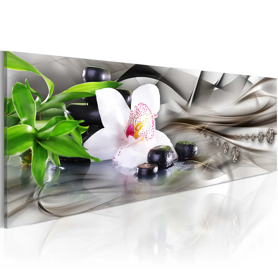 ⁨Obraz - Kompozycja Zen: bambus, orchidea i kamienie (rozmiar 120x40, wykończenie Standard)⁩ w sklepie Wasserman.eu