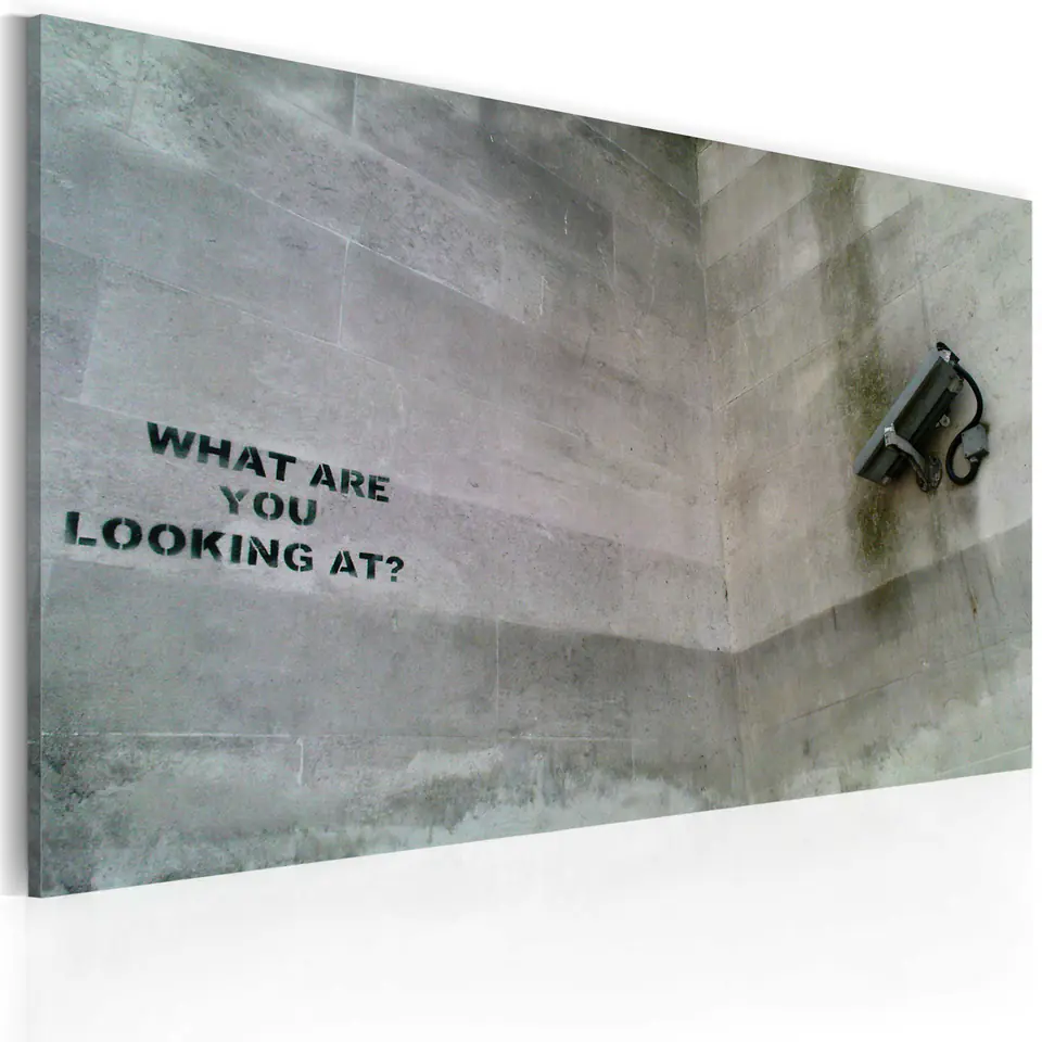 ⁨Obraz - Na co się patrzysz? (Banksy) (rozmiar 60x40, wykończenie Standard)⁩ w sklepie Wasserman.eu