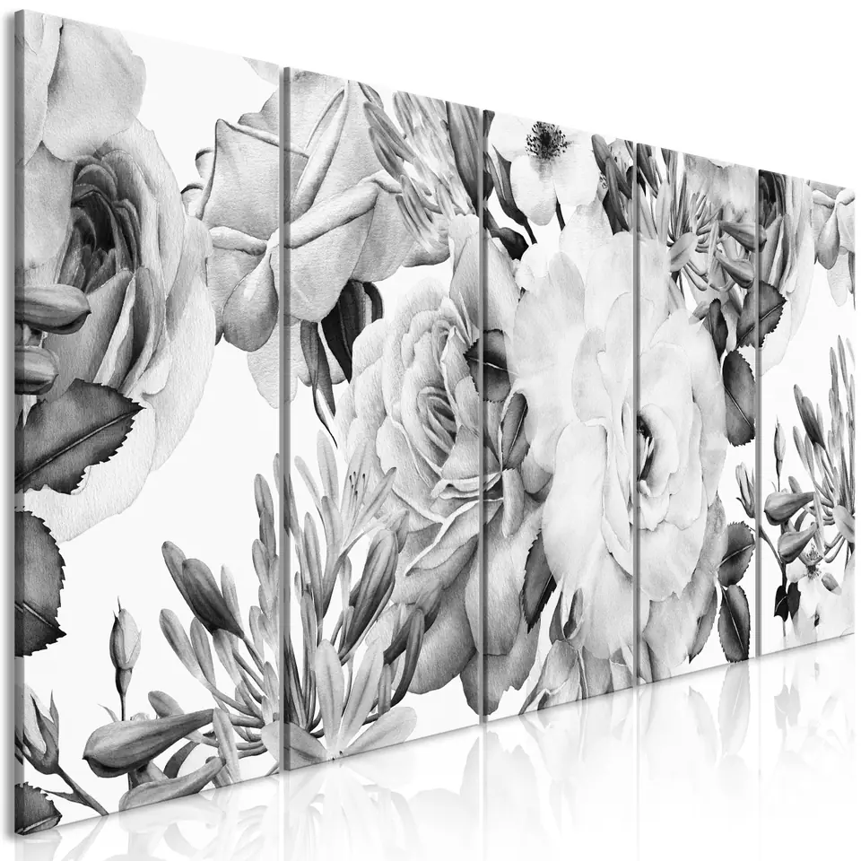 ⁨Obraz - Różana kompozycja (5-częściowy) wąski czarno-biały (rozmiar 225x90, wykończenie Premium Print)⁩ w sklepie Wasserman.eu