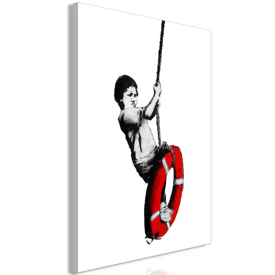 ⁨Obraz - Banksy: Chłopiec na linie (1-częściowy) pionowy (rozmiar 40x60, wykończenie Premium Print)⁩ w sklepie Wasserman.eu
