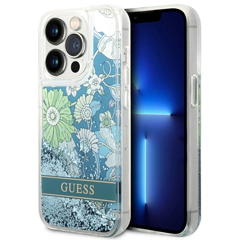 ⁨Guess GUHCP14LLFLSN iPhone 14 Pro 6,1" green/green hardcase Flower Liquid Glitter⁩ at Wasserman.eu