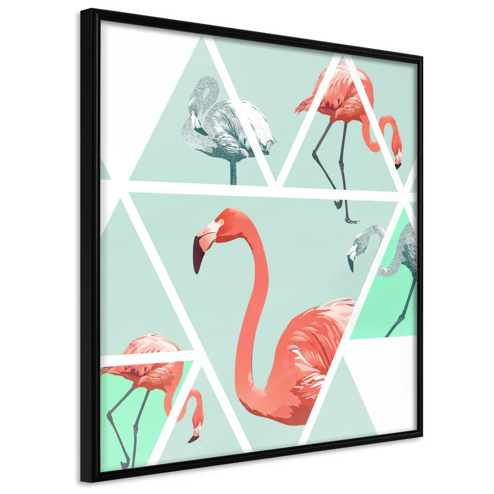 ⁨Plakat - Geometryczne flamingi - kwadrat [Poster] (rozmiar 20x20, wykończenie Rama czarna)⁩ w sklepie Wasserman.eu