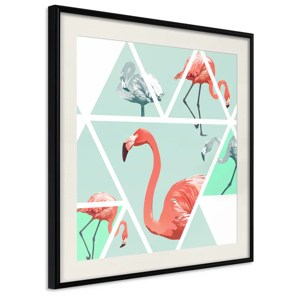 ⁨Poster - Tropical mosaic with flamingos (square) (size 20x20, finish Black frame with passe-partout)⁩ at Wasserman.eu