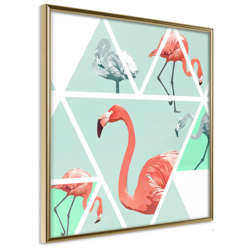 ⁨Poster - Tropical mosaic with flamingos (square) (size 20x20, finish Gold frame)⁩ at Wasserman.eu