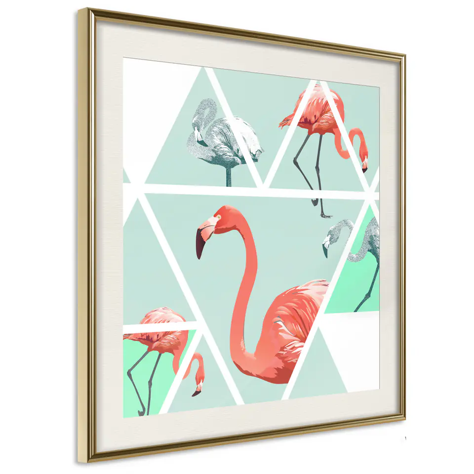 ⁨Poster - Tropical mosaic with flamingos (square) (size 20x20, finish Gold frame with passe-partout)⁩ at Wasserman.eu