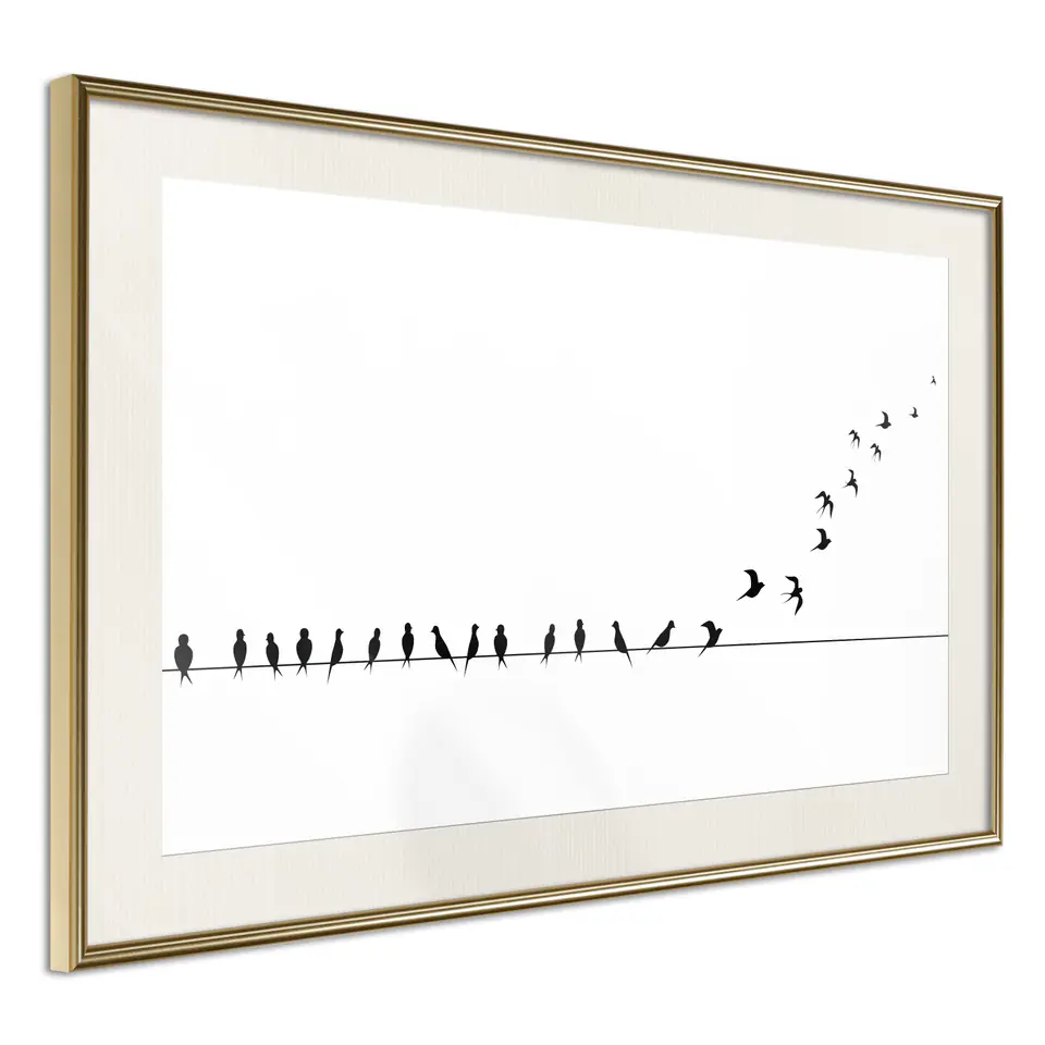 ⁨Poster - Birds on the cord (size 30x20, finish Gold frame with passe-partout)⁩ at Wasserman.eu