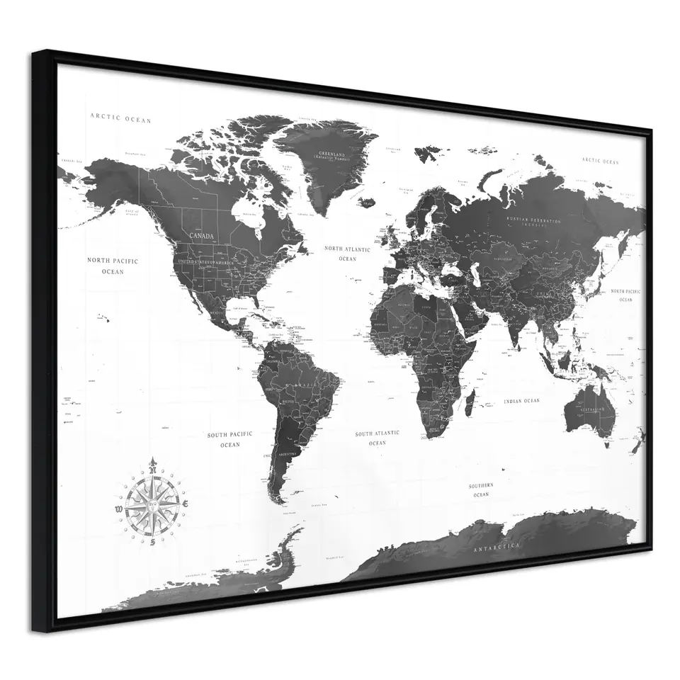 ⁨Poster - World in black and white (size 30x20, finish Frame black)⁩ at Wasserman.eu