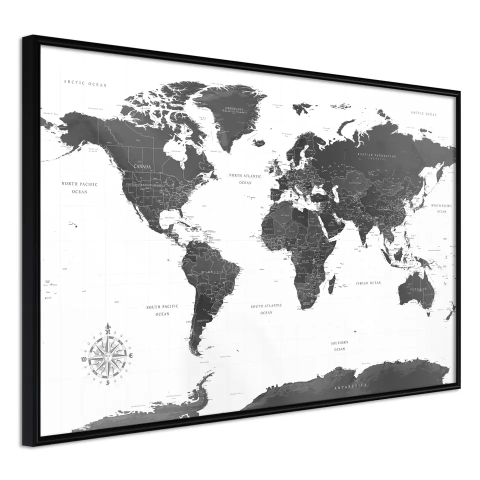 ⁨Poster - World in black and white (size 45x30, finish Frame black)⁩ at Wasserman.eu