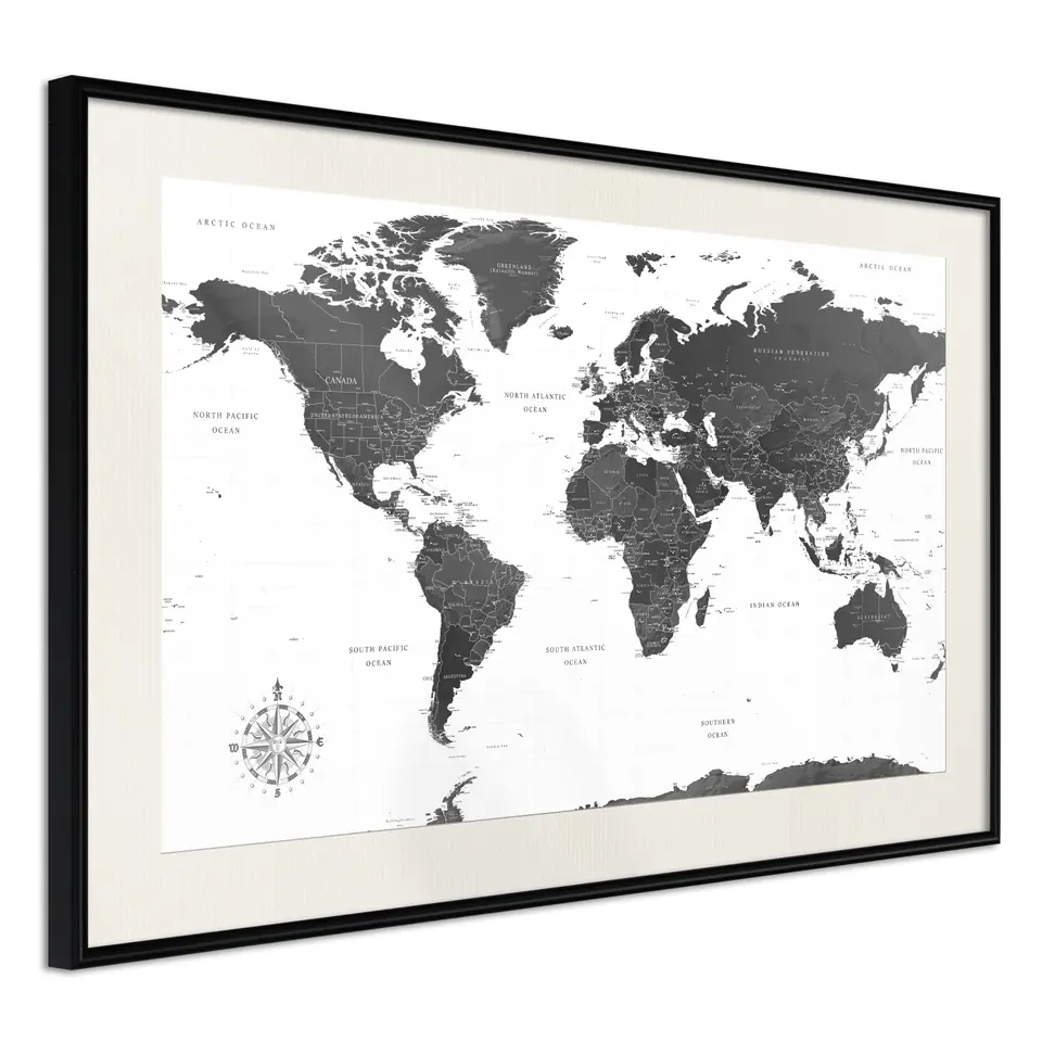 ⁨Poster - World in black and white (size 30x20, finish Black frame with passe-partout)⁩ at Wasserman.eu