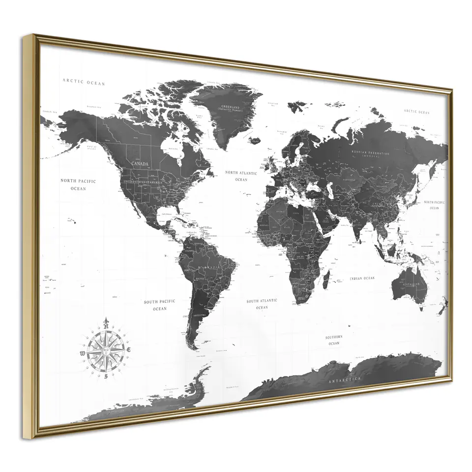 ⁨Poster - World in black and white (size 30x20, finish Gold frame)⁩ at Wasserman.eu
