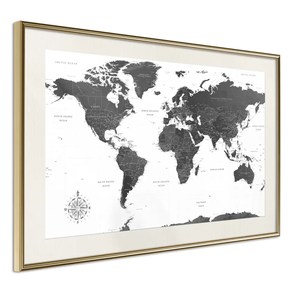 ⁨Poster - World in black and white (size 30x20, finish Gold frame with passe-partout)⁩ at Wasserman.eu