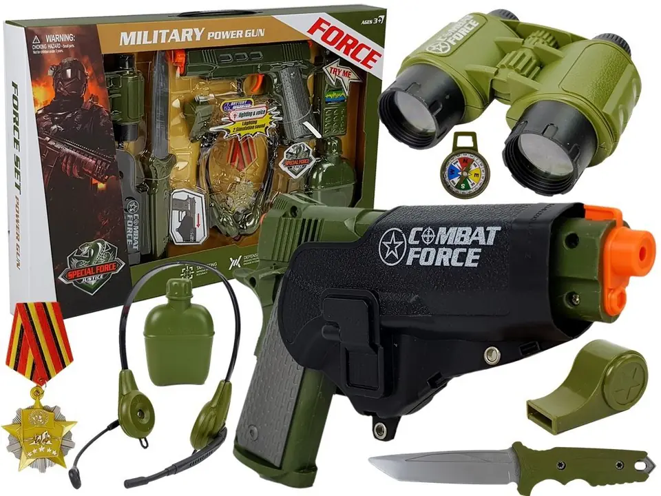 ⁨Military Kit with Accessories Pistol Knife Binoculars Headphones Whistle Walkie-talkie Dark Green⁩ at Wasserman.eu