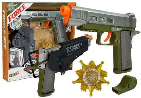 ⁨Zestaw Policyjny Pistolet 20cm Odznaka Gwizdek Kabura Efekty Świetlne Dźwięk⁩ w sklepie Wasserman.eu