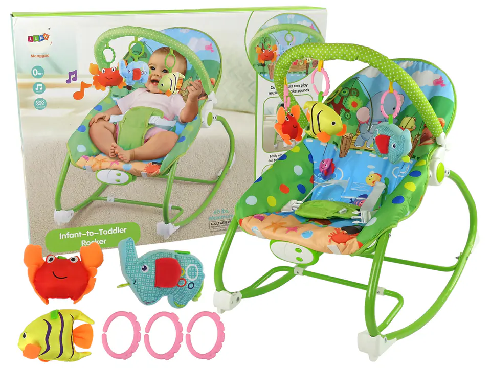 ⁨Cradle Rocker Armchair High chair 2in1 Green Fish Elephant Sounds Vibration⁩ at Wasserman.eu