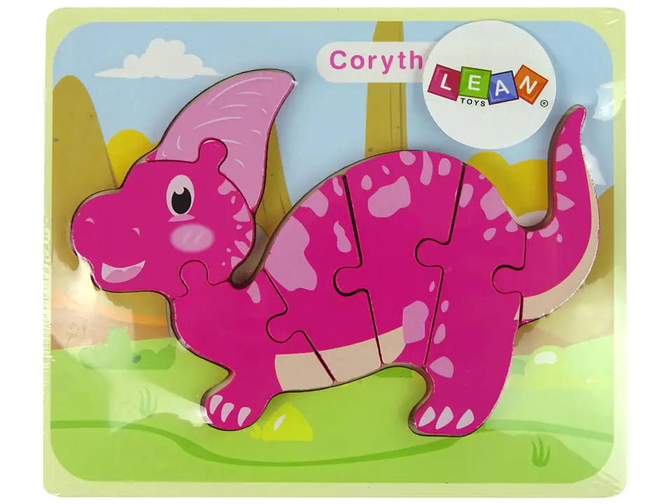 ⁨Wooden Puzzle Dinosaur Corythosaurus Pink Spinosaurus Purple⁩ at Wasserman.eu