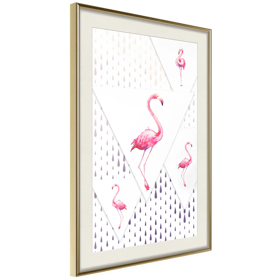 ⁨Poster - Flamingos and triangles (size 20x30, finish Gold frame with passe-partout)⁩ at Wasserman.eu