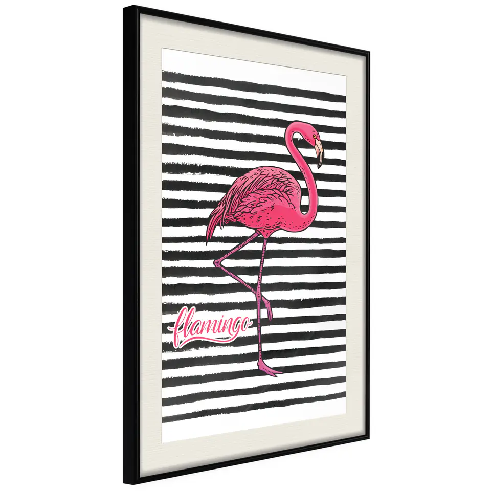 ⁨Poster - Flamingo on striped background (size 20x30, finish Black frame with passe-partout)⁩ at Wasserman.eu