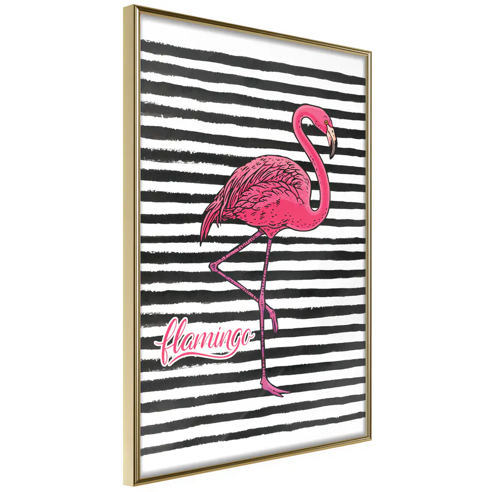 ⁨Poster - Flamingo on striped background (size 20x30, finish Gold frame)⁩ at Wasserman.eu