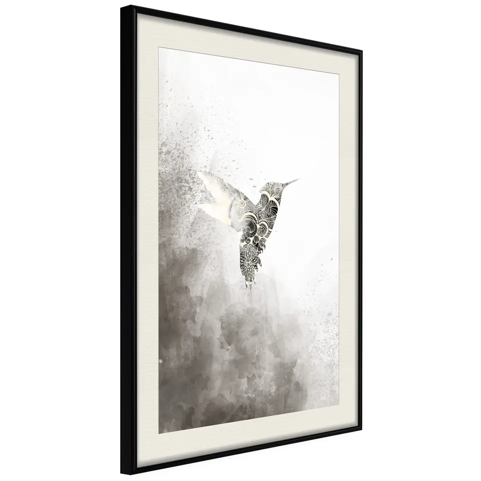 ⁨Poster - Hummingbird in shades of gray (size 20x30, finish Black frame with passe-partout)⁩ at Wasserman.eu