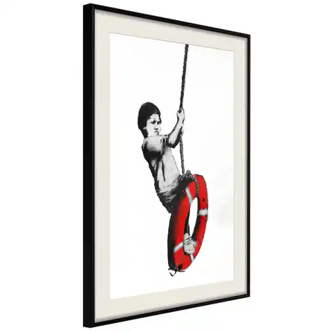 ⁨Plakat - Banksy: Chłopiec na linie [Poster] (rozmiar 30x45, wykończenie Rama czarna z passe-partout)⁩ w sklepie Wasserman.eu