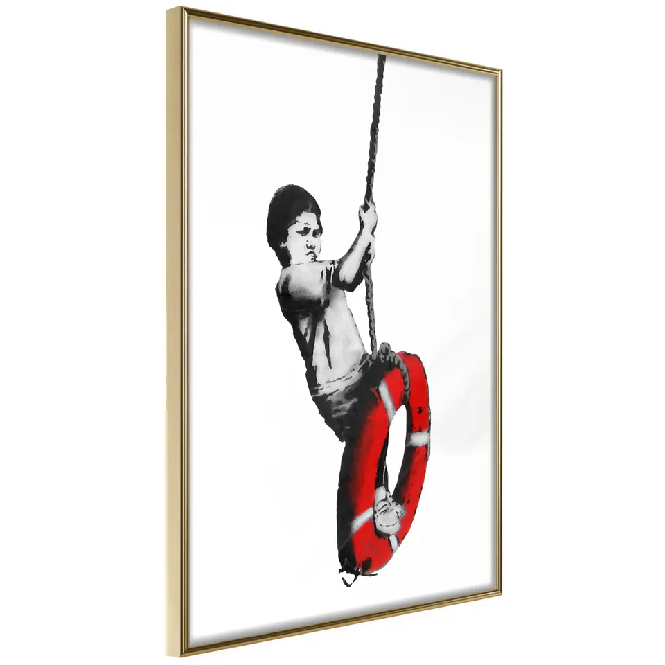 ⁨Plakat - Banksy: Chłopiec na linie [Poster] (rozmiar 20x30, wykończenie Rama złota)⁩ w sklepie Wasserman.eu