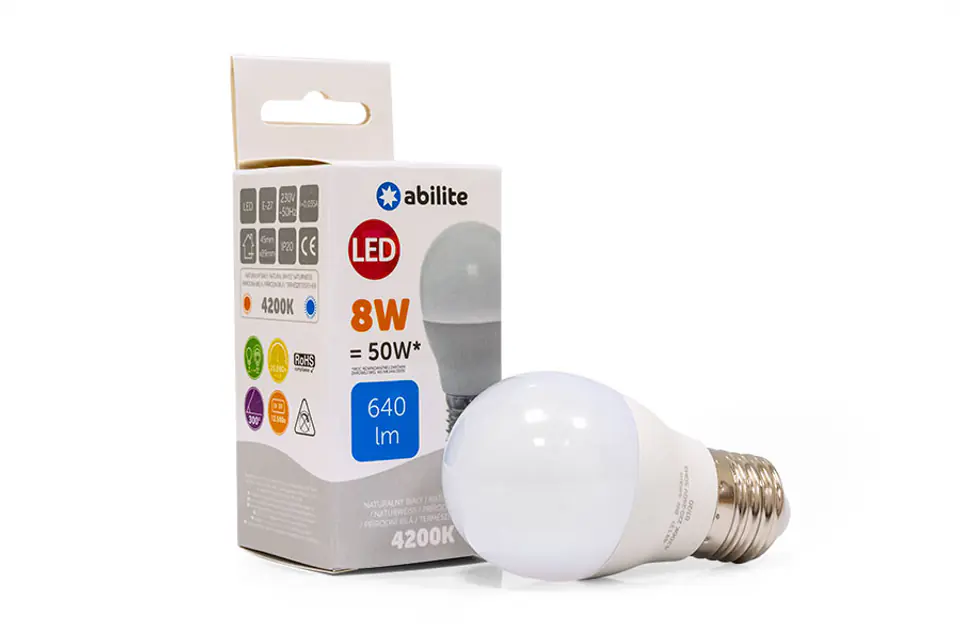 ⁨ŻARÓWKA LED ABILITE KULKA MLECZNA B.NEUTRALNA E27 8W/230V 640LM G455⁩ w sklepie Wasserman.eu