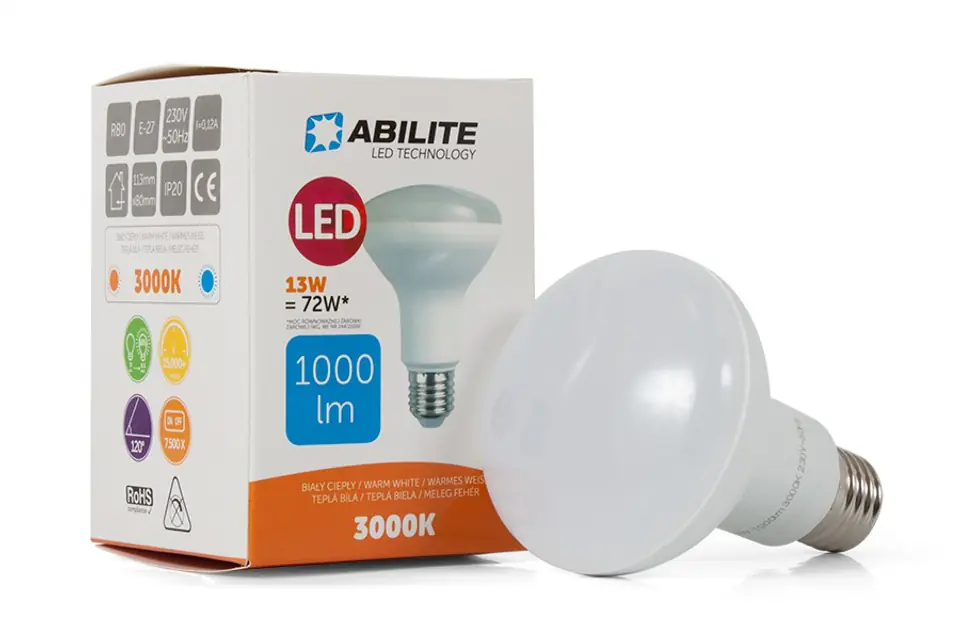 ⁨ŻARÓWKA LED ABILITE REFLEKTOROWA B.CIEPŁA E27 13W/230V 1000LM 120° R80⁩ w sklepie Wasserman.eu