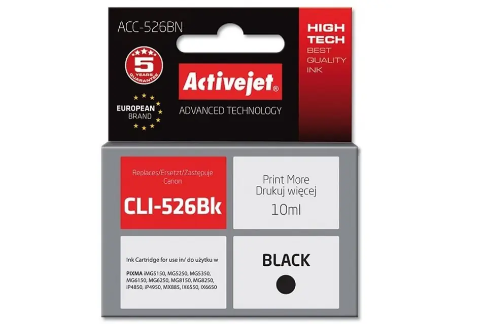 ⁨TUSZ ACTIVEJET CANON CLI-526Bk BLACK 10ml ACC-526BN chip⁩ w sklepie Wasserman.eu
