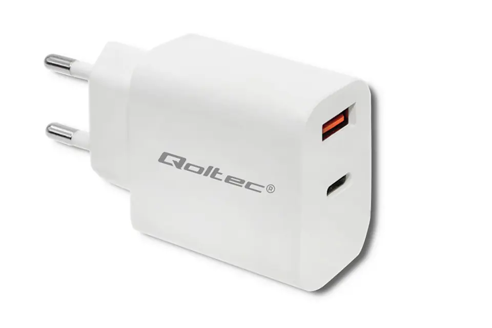 ⁨ŁADOWARKA SIECIOWA  (zasilacz) QOLTEC Quick Charge 3.0 18W / 5-12V / 1.5-3A / 1xUSB typ C PD/ 1xUSB QC 3.0 | Biała⁩ w sklepie Wasserman.eu