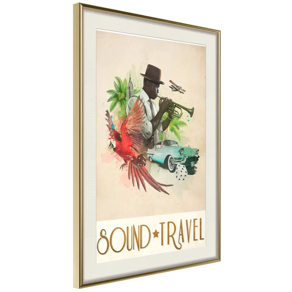 ⁨Plakat - Sound Travel [Poster] (rozmiar 40x60, wykończenie Rama złota z passe-partout)⁩ w sklepie Wasserman.eu