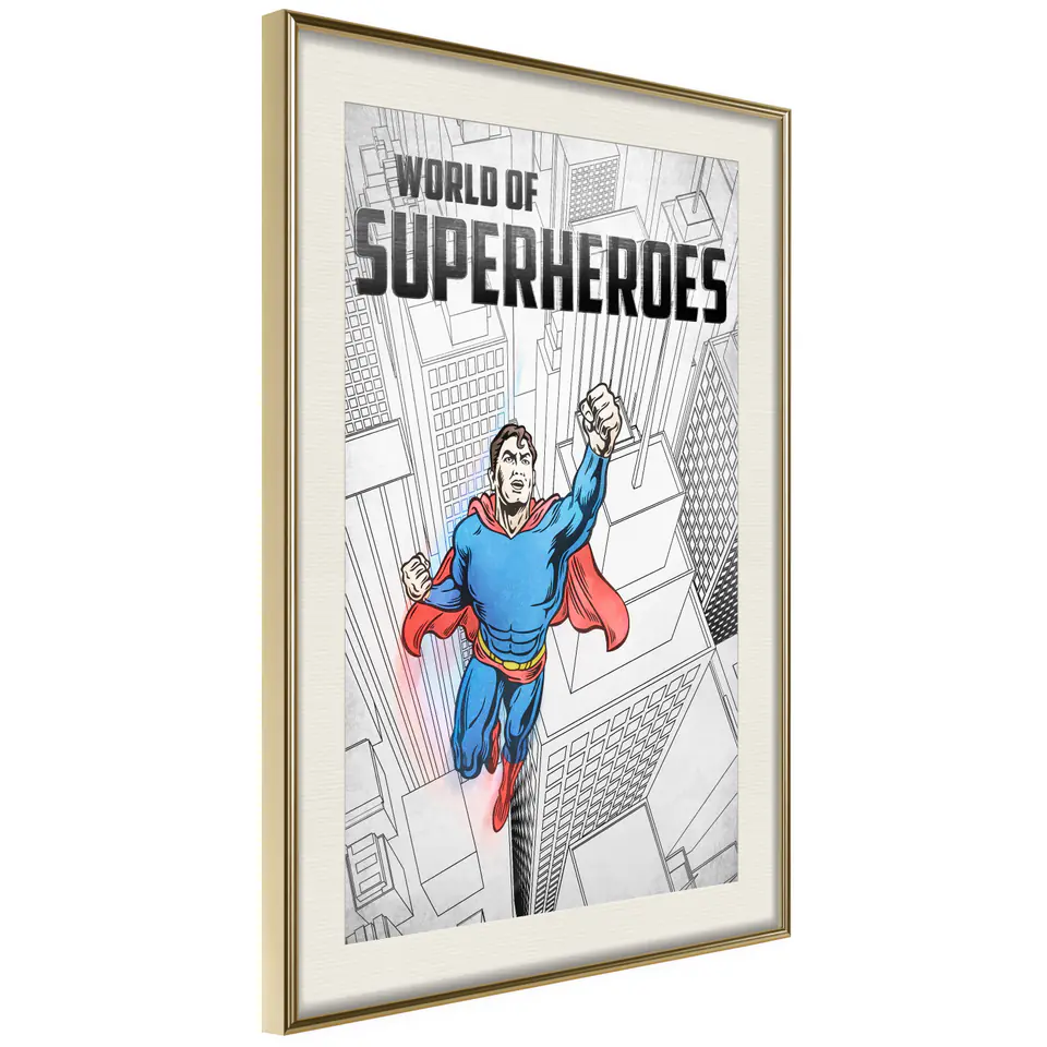 ⁨Plakat - World of Superheroes [Poster] (rozmiar 30x45, wykończenie Rama złota z passe-partout)⁩ w sklepie Wasserman.eu