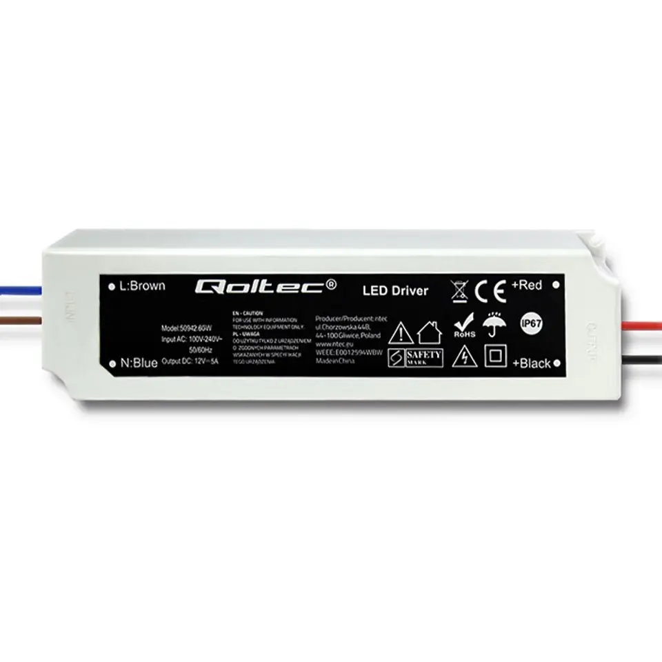 ⁨Qoltec LED Power Supply IP67 | 60W | 12V | 5A | Waterproof (0NC)⁩ at Wasserman.eu