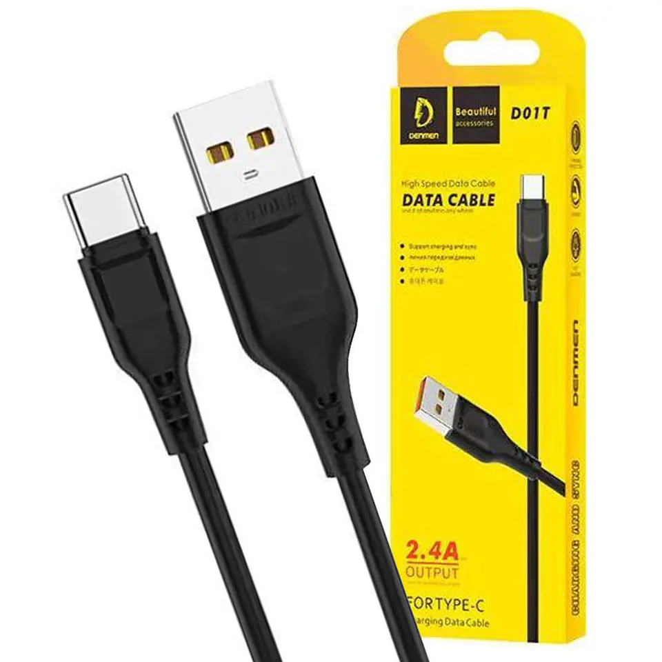 ⁨Kabel przewód USB do USB-C Type C Denmen D01T szybkie ładowanie 2.4A 1m Czarny⁩ w sklepie Wasserman.eu