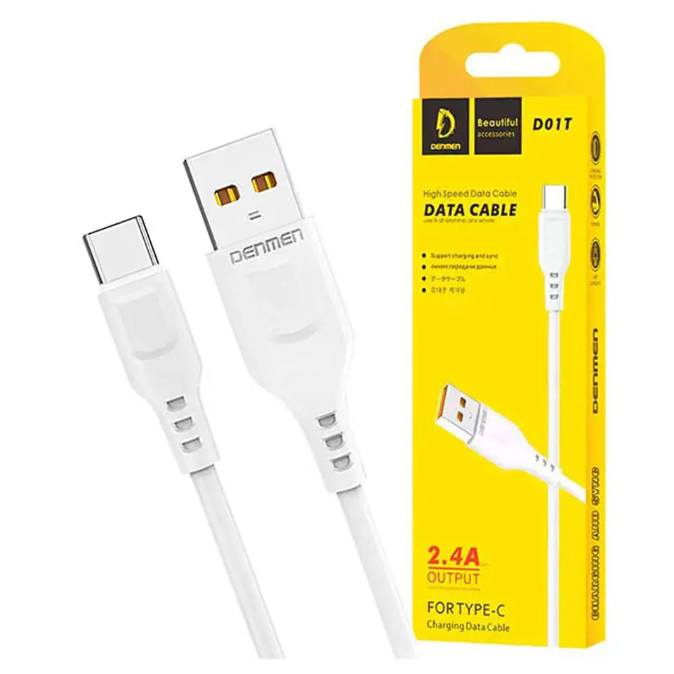 ⁨Kabel przewód USB do USB-C Type C Denmen D01T szybkie ładowanie 2.4A 1m Biały⁩ w sklepie Wasserman.eu