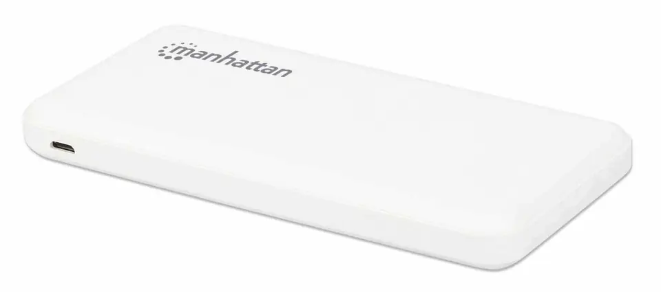 ⁨Manhattan Power Bank, 10000 mAh, Output: 2x USB-A (2.1A & 1A), Input: USB-C & Micro-USB (both 2A), White, One Year Warranty, Blister⁩ at Wasserman.eu