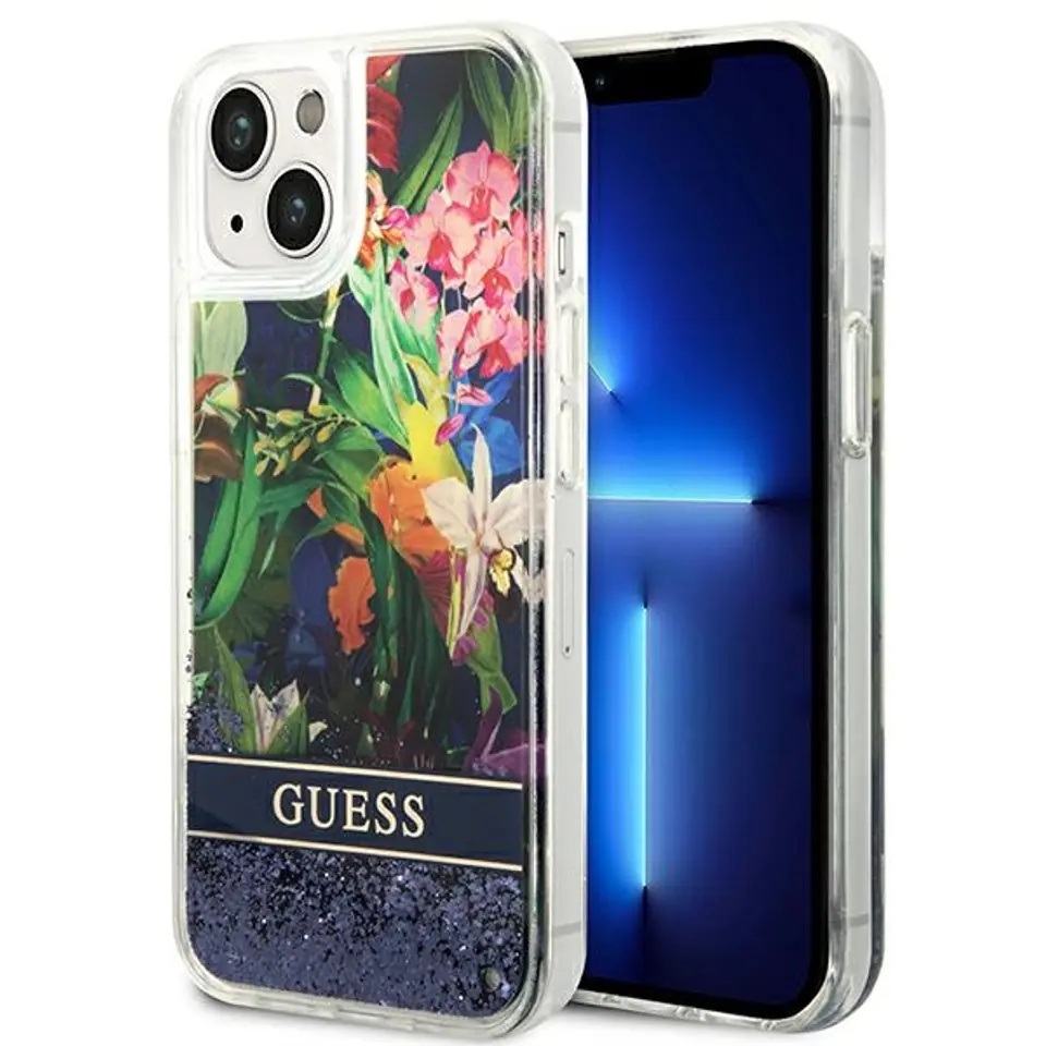 ⁨Guess GUHCP14MLFLSB iPhone 14 Plus 6,7" blue/blue hardcase Flower Liquid Glitter⁩ at Wasserman.eu