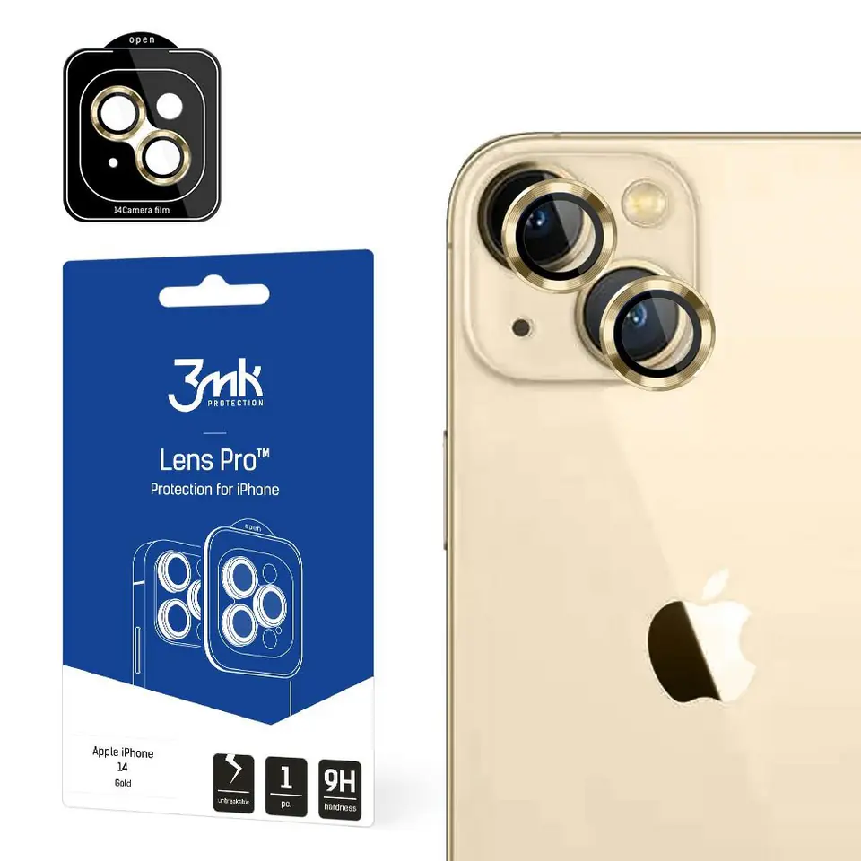 ⁨3MK Lens Protection Pro iPhone 14 6,1" złoty/gold Ochrona na obiektyw aparatu z ramką montażową 1szt.⁩ w sklepie Wasserman.eu