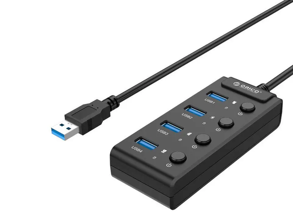 ⁨ORICO Hub USB 3.1 aktywny na 4 porty USB A z wyłącznikami czarny na kablu 0,3m 60.0117⁩ w sklepie Wasserman.eu