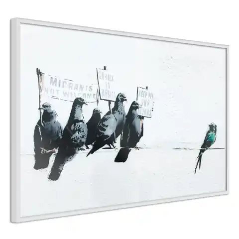 ⁨Poster - Banksy: Pigeons (size 90x60, finish Frame white)⁩ at Wasserman.eu