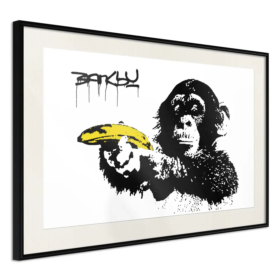 ⁨Plakat - Banksy: Małpa z bananem [Poster] (rozmiar 30x20, wykończenie Rama czarna z passe-partout)⁩ w sklepie Wasserman.eu