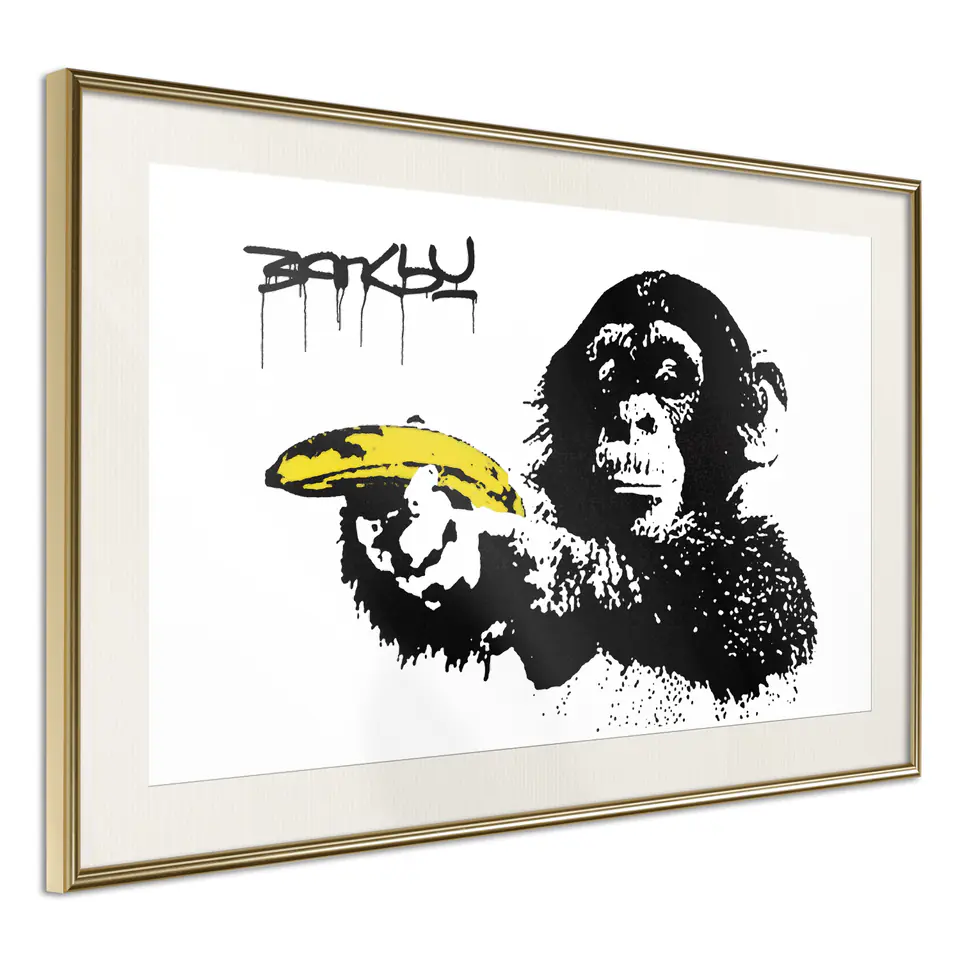 ⁨Plakat - Banksy: Małpa z bananem [Poster] (rozmiar 30x20, wykończenie Rama złota z passe-partout)⁩ w sklepie Wasserman.eu