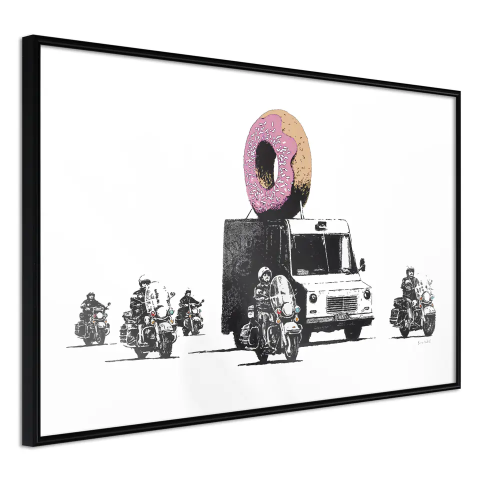 ⁨Poster - Banksy: Donuts (Strawberry) (size 45x30, finish Frame black)⁩ at Wasserman.eu