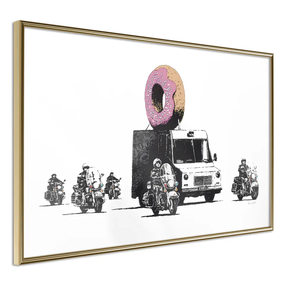 ⁨Poster - Banksy: Donuts (Strawberry) (size 45x30, finish Gold frame)⁩ at Wasserman.eu