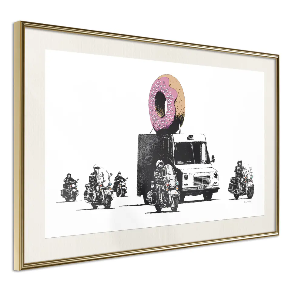 ⁨Poster - Banksy: Donuts (Strawberry) (size 30x20, finish Gold frame with passe-partout)⁩ at Wasserman.eu