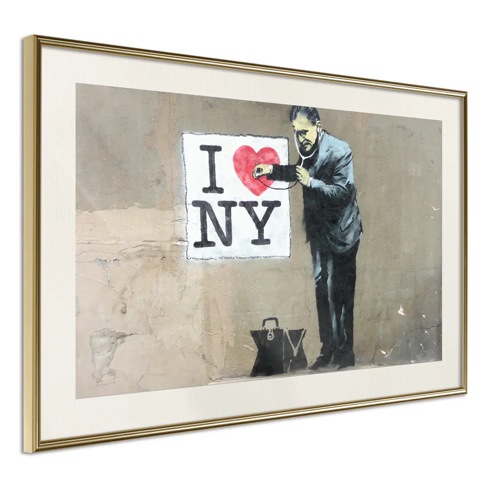⁨Poster - Banksy: I Heart NY (size 45x30, finish Gold frame with passe-partout)⁩ at Wasserman.eu